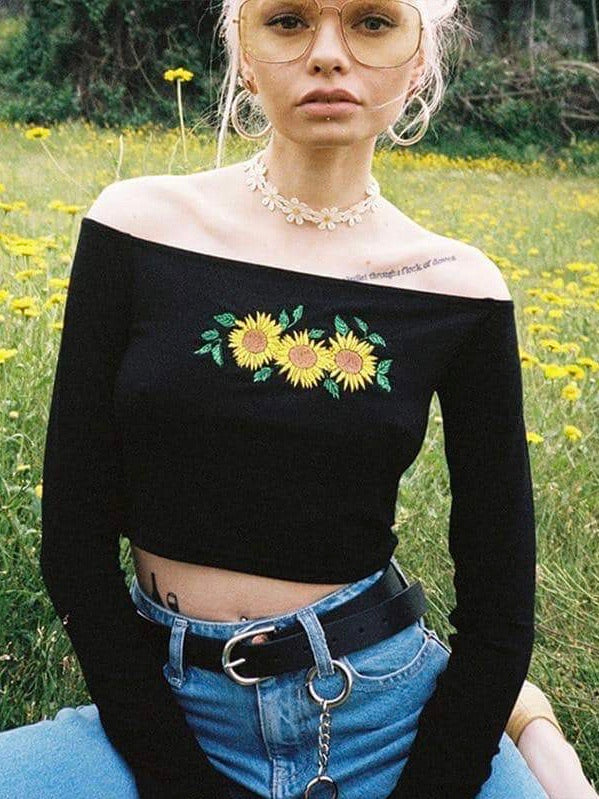 SUNFLOWER OFF SHOULDER TOP EMBROIDERY FLORAL