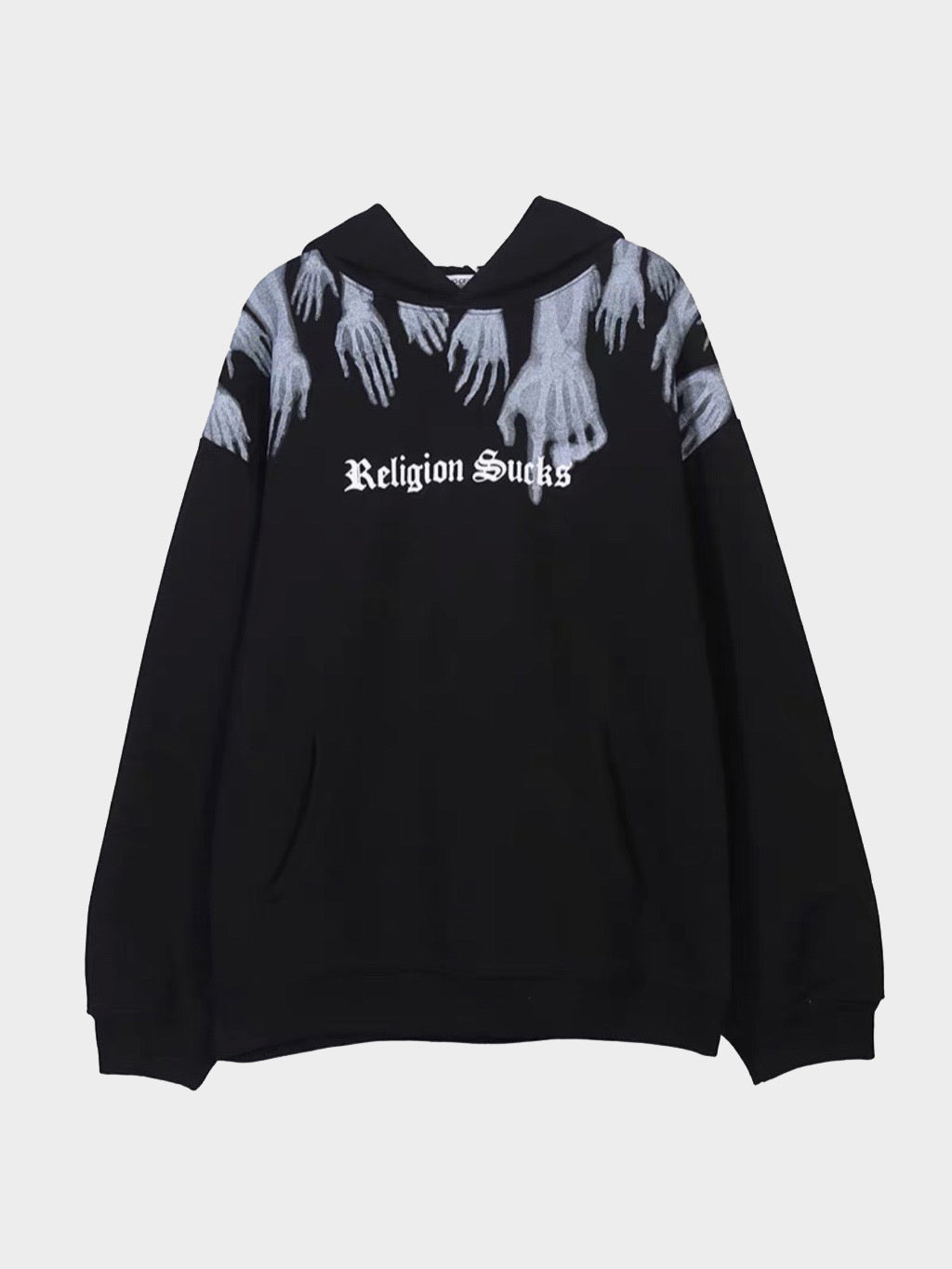 black hoodie with a front pocket, religion sucks written in white on the chest in gothic letters with x-ray hands leaving from the top of the sweater