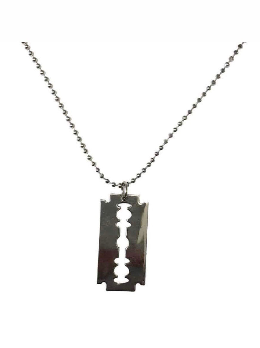 details of our silver razor blade pendent necklace with ball chain