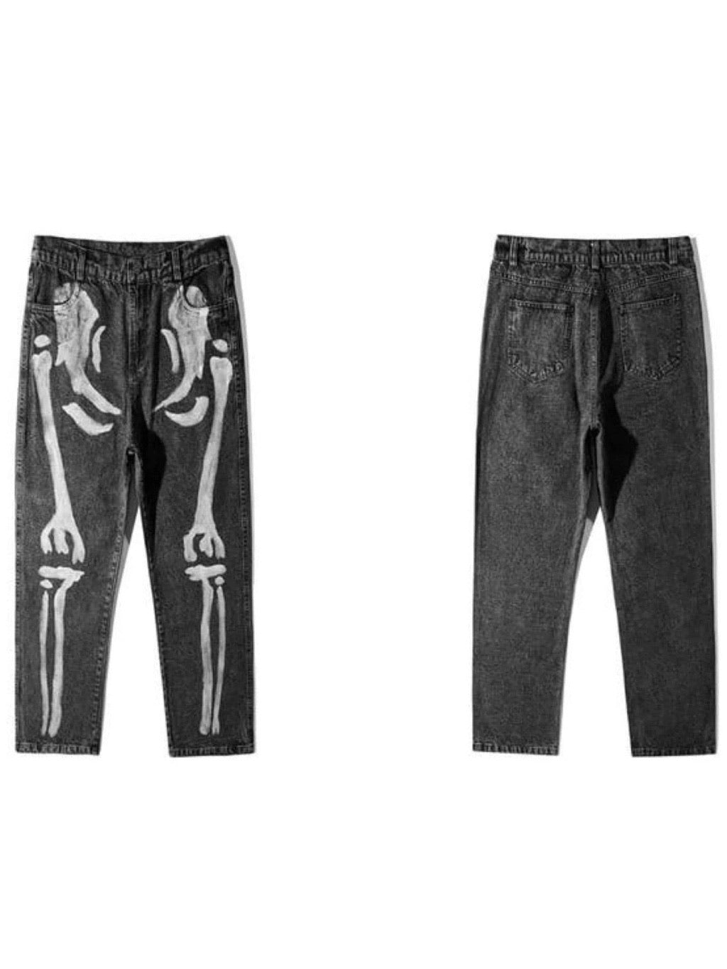 black jeans with skeleton painted 