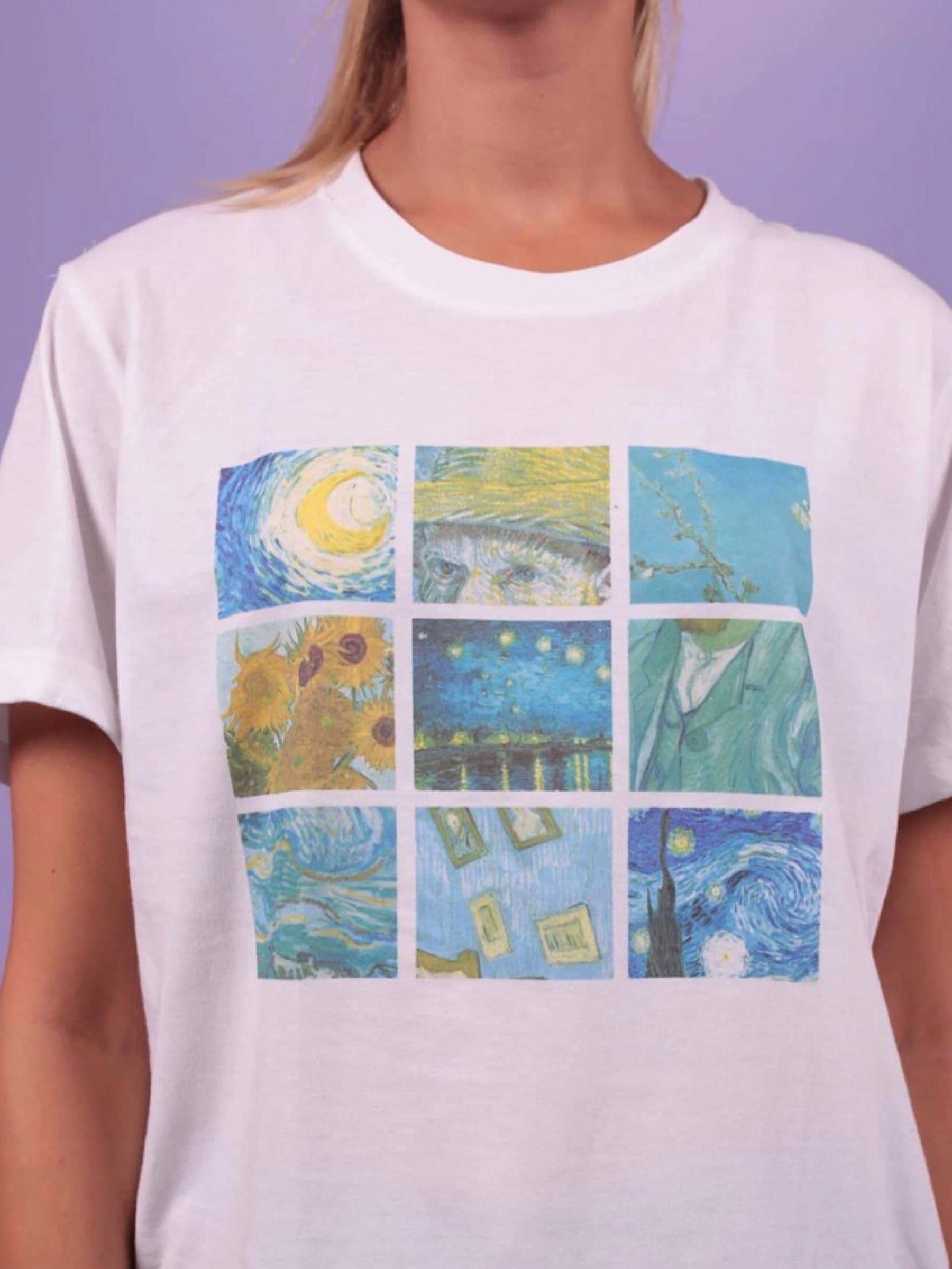 details of the front view of the white art grid tshirt of van gogh paintings