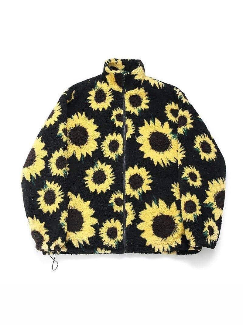 warm jacket with two front pockets and sunflowers printed on a plain black background that closes with a black zipper and adjustable by an elastic at the waist