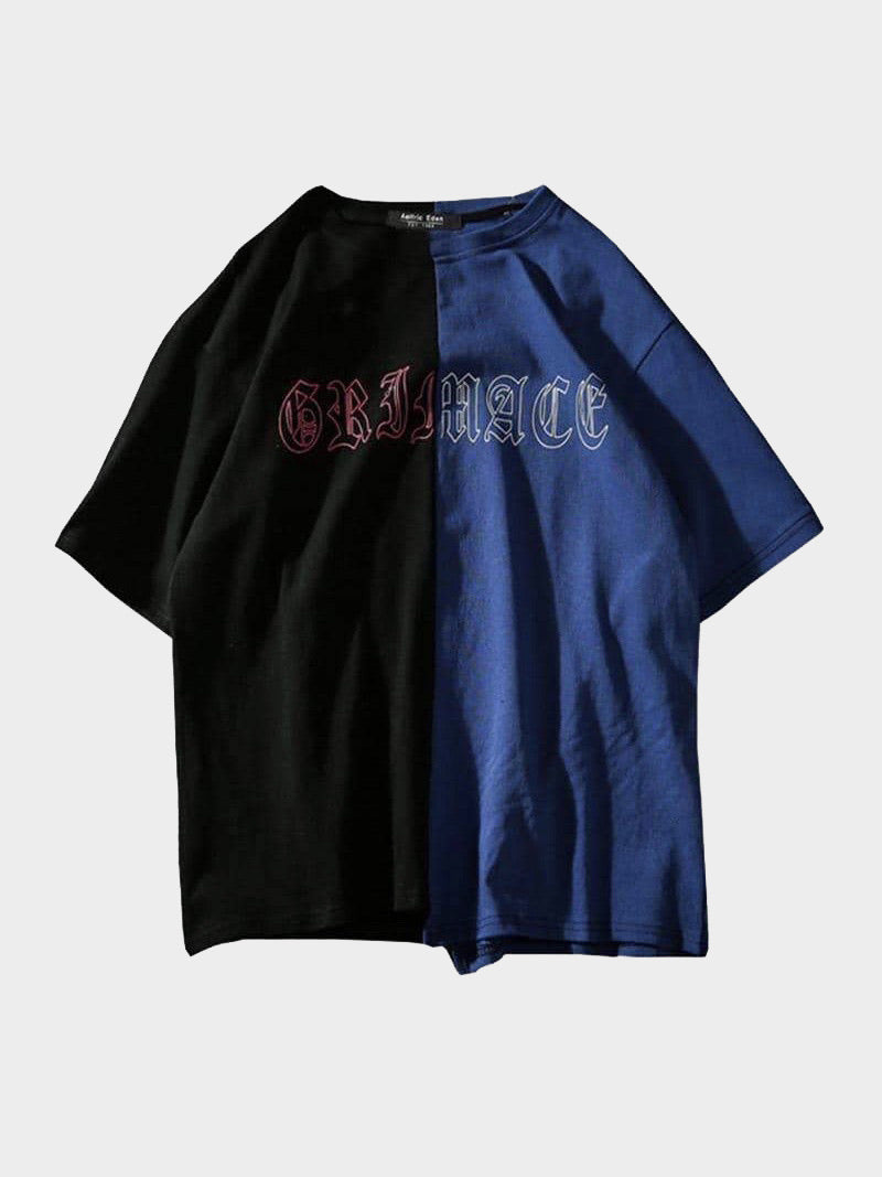 t-shirt separated into two parts, one blue and the other black with Gothic text