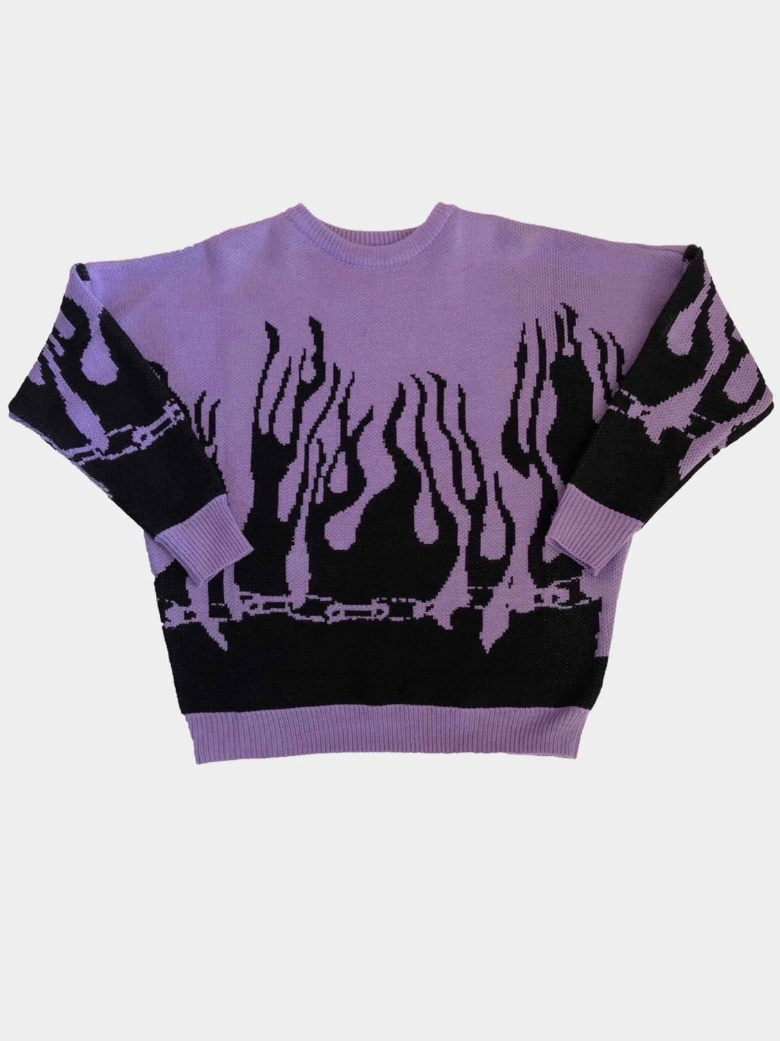 purple knitted sweater with black flames starting from the bottom of the sweater and the wrists