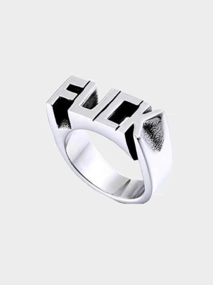 silver plated ring with the word fuck in relief, 3/4 view