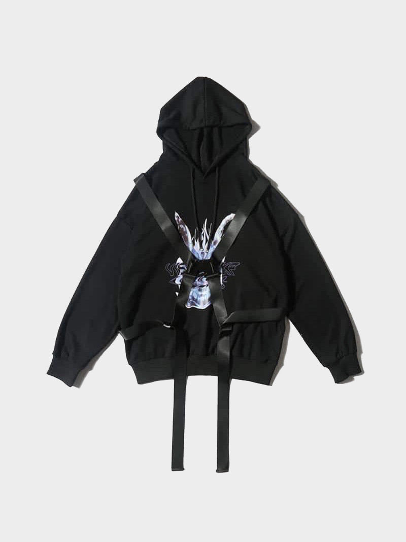 black hoodie with black tactical long straps