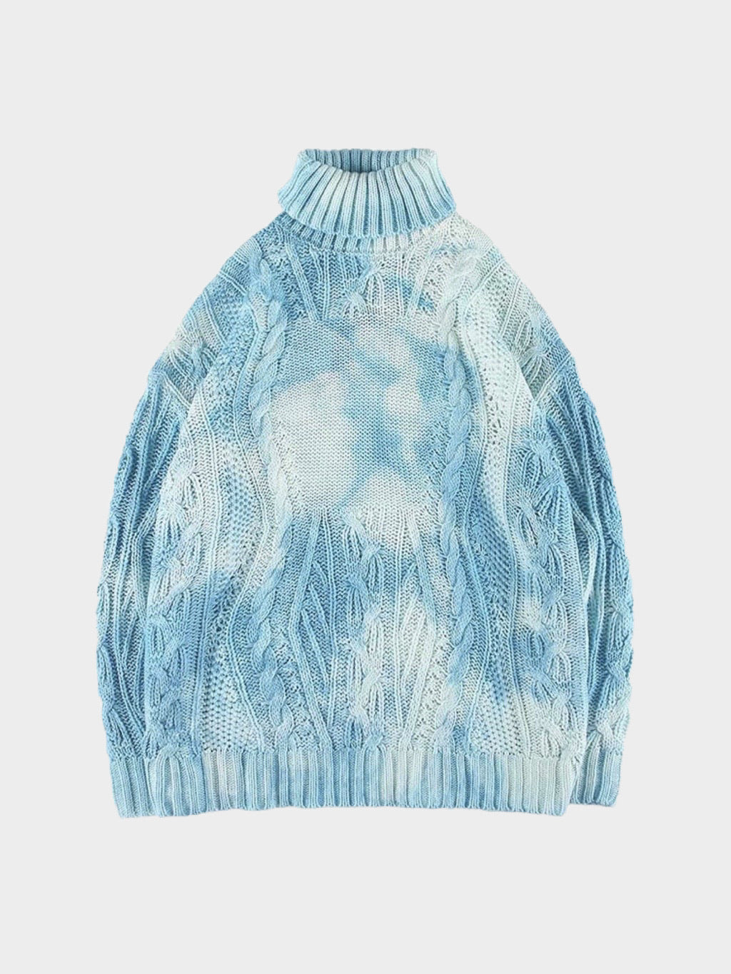 sky blue tie and dye knitted polyester sweater with a turtle neck