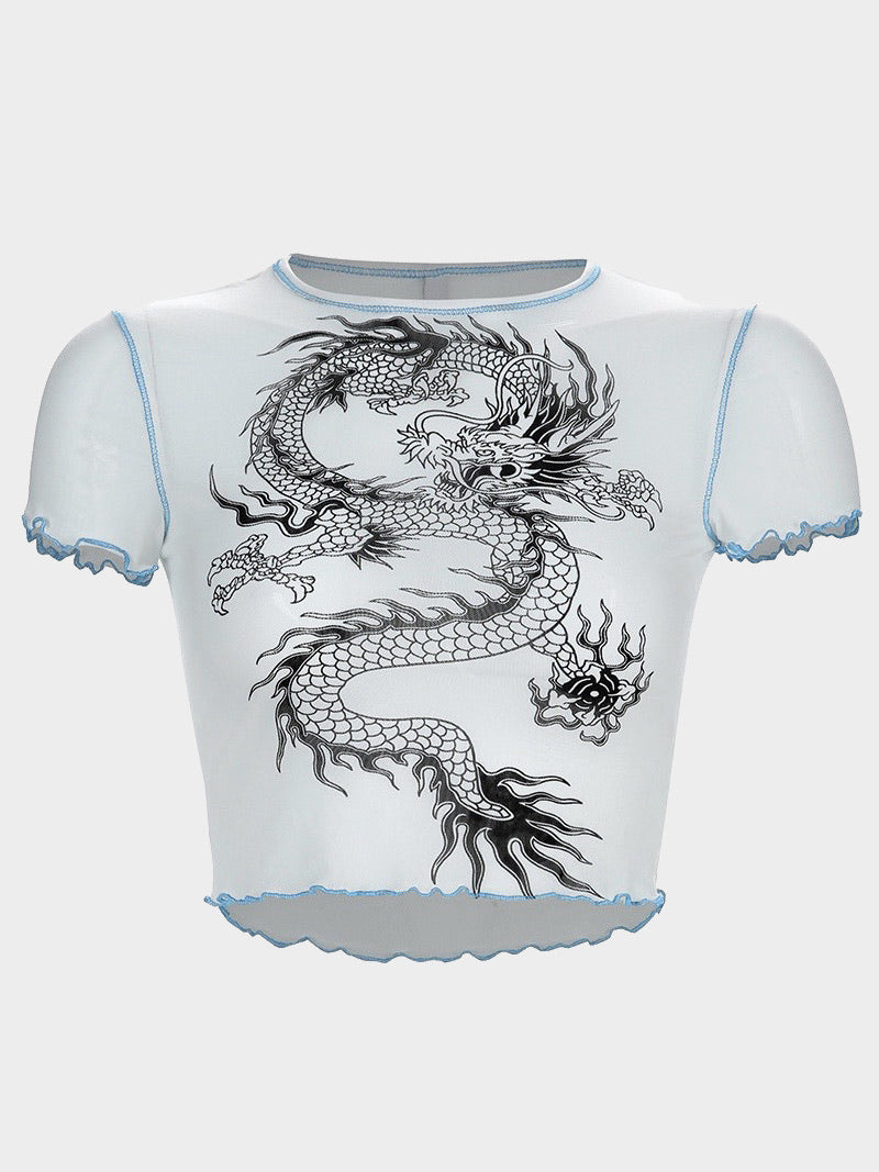 transparent white crop top with blue stitching and a big black dragon printed on the front