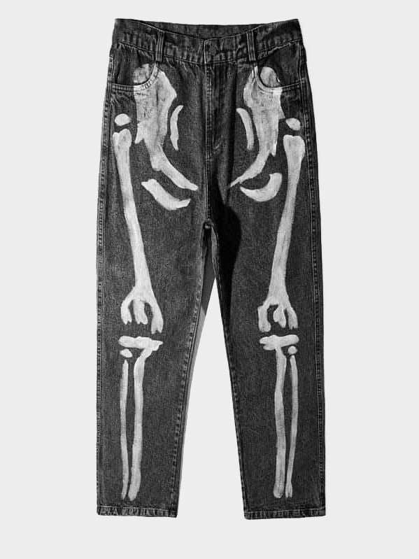 black jeans with skeleton painted 