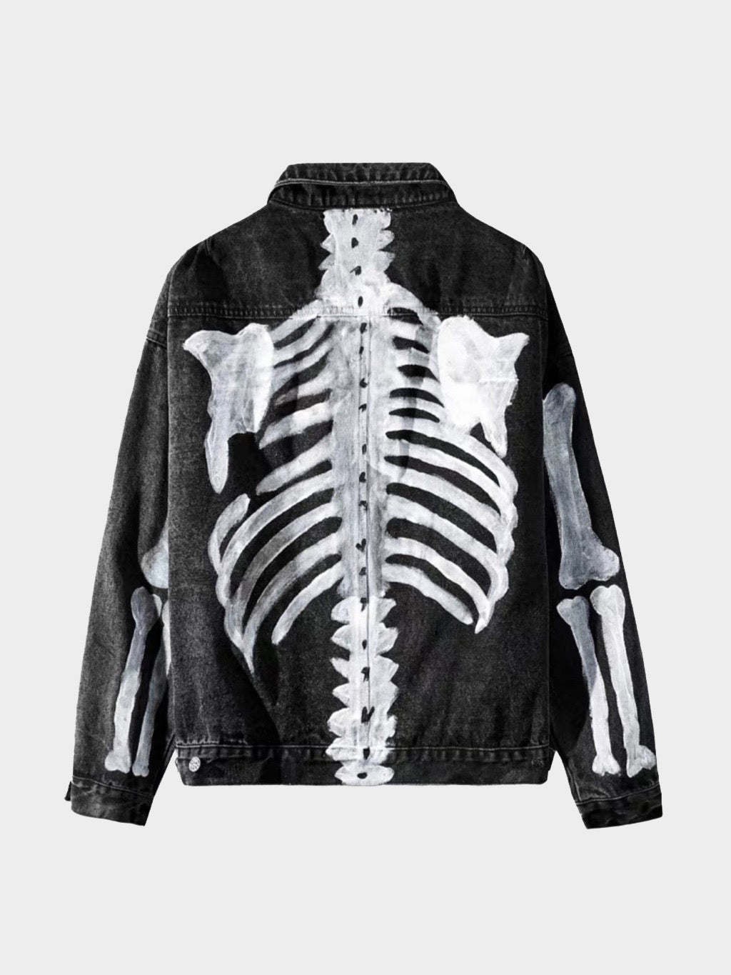 black denim jacket with the skeleton painted in white