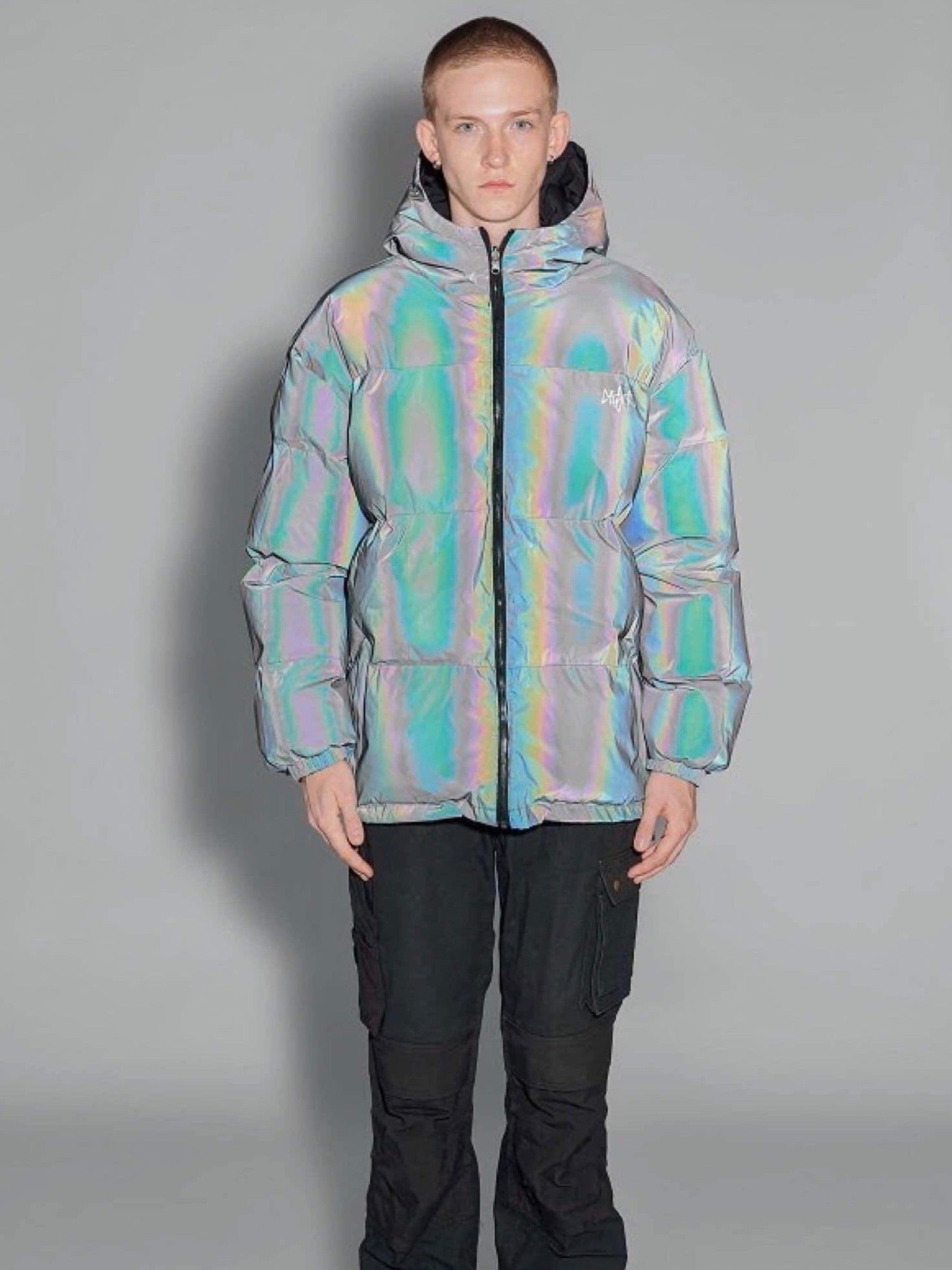 puffy long reflective jacket with a hood and two front pockets