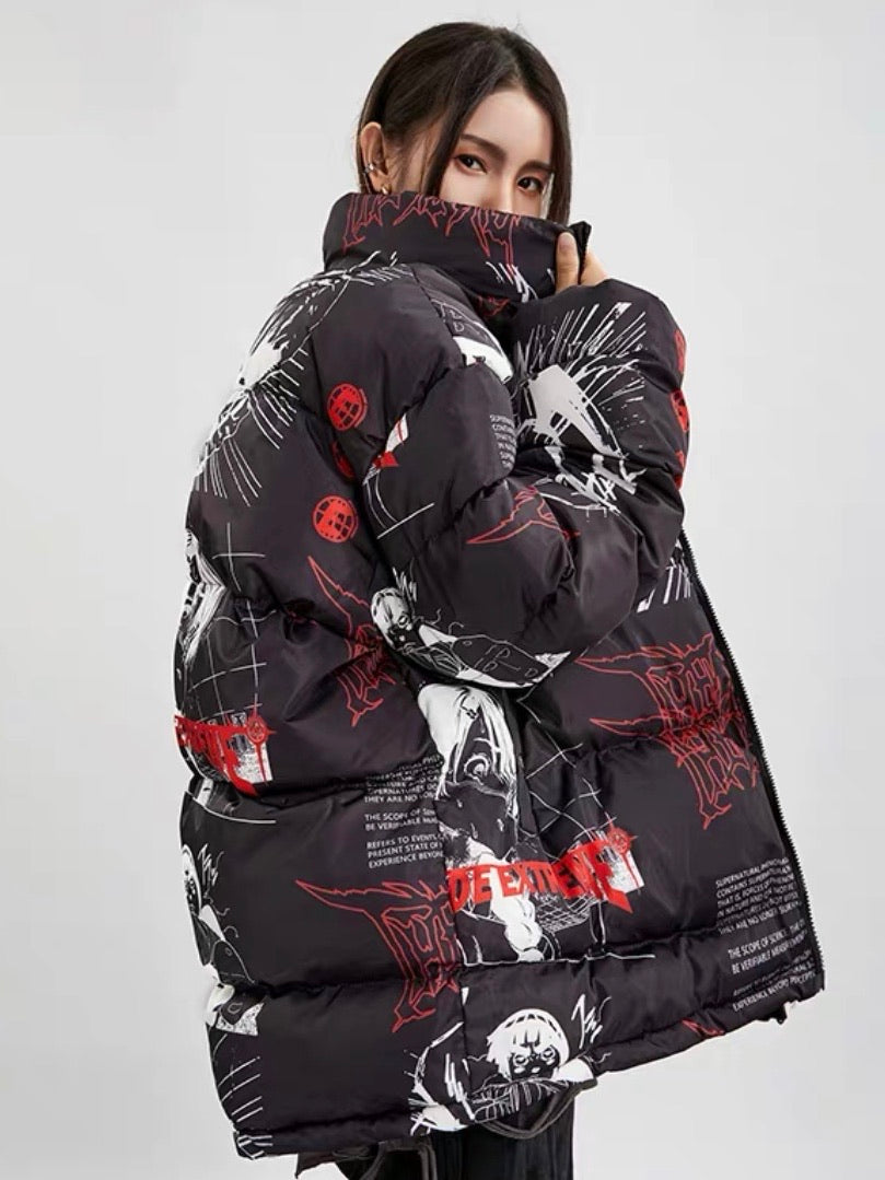 side view of the black anime puffer jacket opened