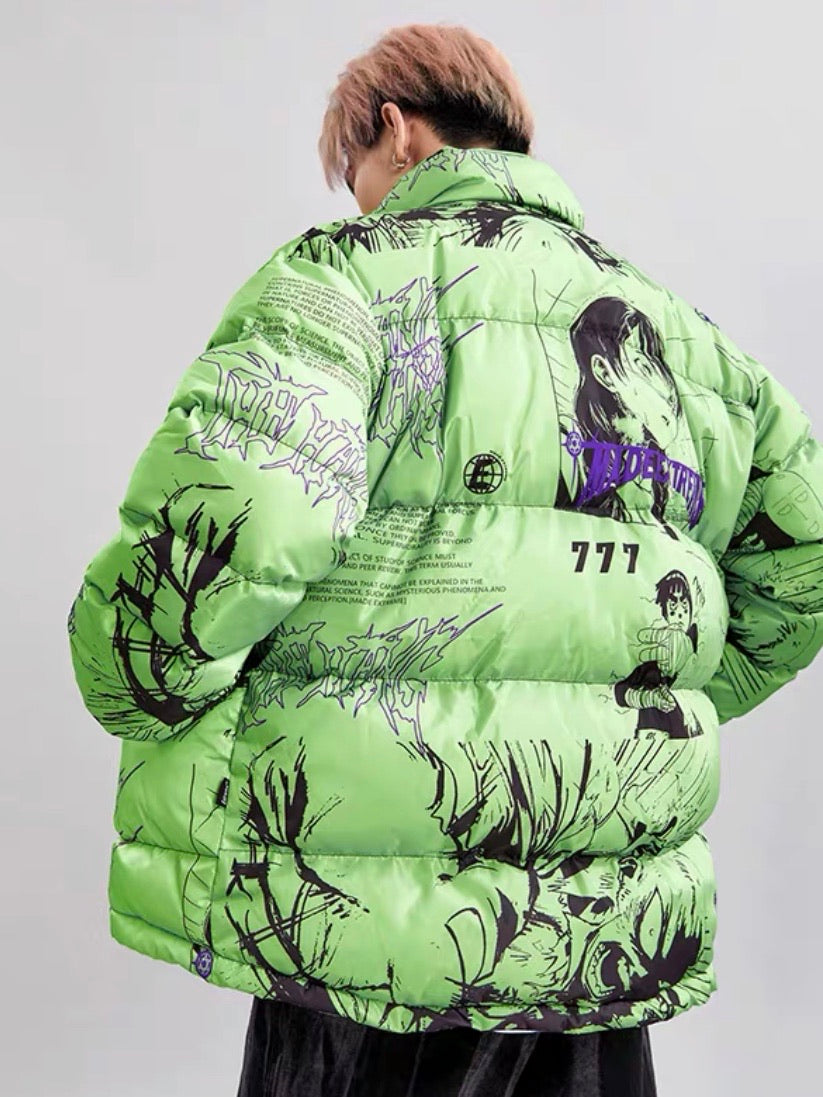 details of the green anime printed puffer jacket wearing by a man, manga