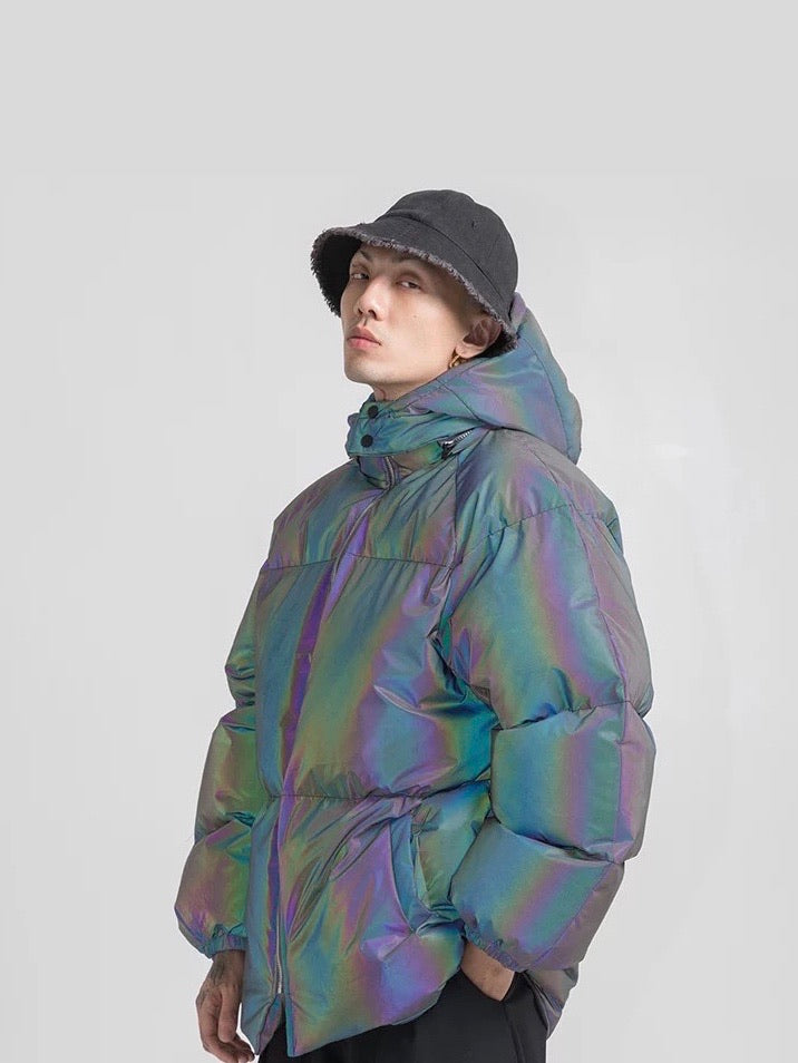 oversize puffy reflective hooded parka vh studios with two front pockets