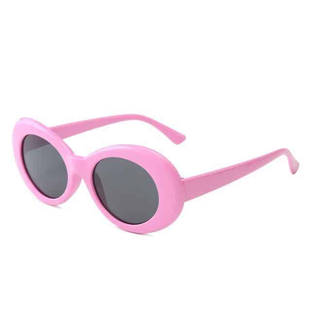 pink frame and purple and black glass sunglasses